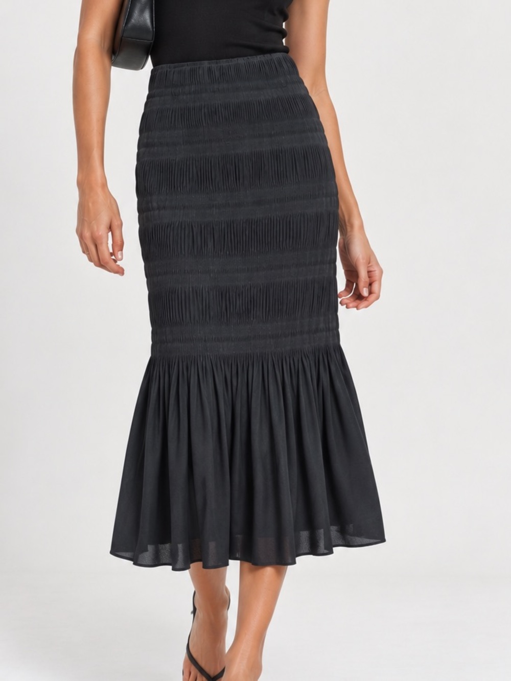 H&M Black Smocked Tiered and Ruffle Mermaid Midi Skirt